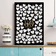 a black and white wall with hearts on it