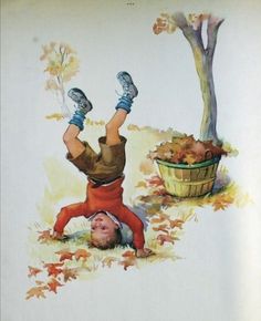 an old children's book with a boy laying on the ground holding his feet up