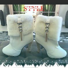 Nwot Fun White Embellished Boots. Sz 7 White Boots For Evening In Winter, White Winter Boots For Evening, White Winter Evening Boots, Heel Boots White, Embellished Boots, Pink Platform Heels, Pink Platform, Pink Platforms, Boots White