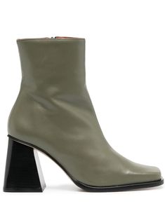 olive green calf leather smooth grain square toe side zip fastening ankle-length 90mm high block heel Green Leather Boots, Green Ankle Boots, Shoes Booties, Green Leather, Leather Ankle Boots, Ankle Length, Side Zip, Calf Leather, Leather Boots