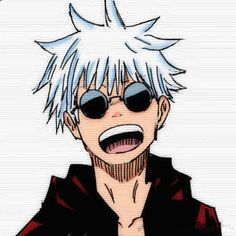 an anime character with white hair and black glasses is making a funny face while looking at the camera