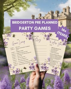 a person holding up two purple flowers in front of a castle with the words bridlington pre planned party games