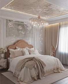 a large bed sitting under a chandelier in a bedroom next to a window