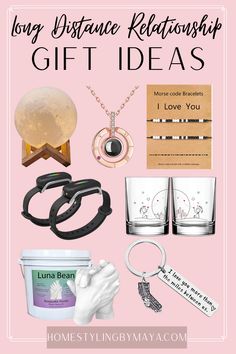 a pink background with the words, long distance relationship gift ideas and other items on it