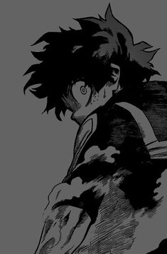 an anime character in black and white, with his hair blowing back to the side