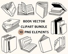 the book clipart bundle includes 30 books and an open book with black ink on white paper