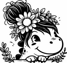 a black and white drawing of a girl with flowers in her hair