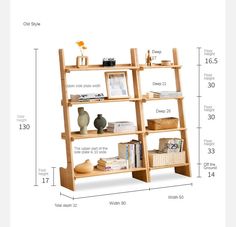 an image of a book shelf with books on it and measurements for the shelves below