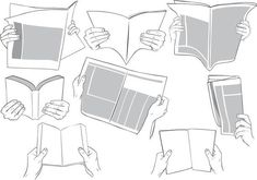 hands holding open books and pointing them at the viewer with their thumbnails illustration