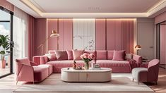 a living room with pink couches and chairs