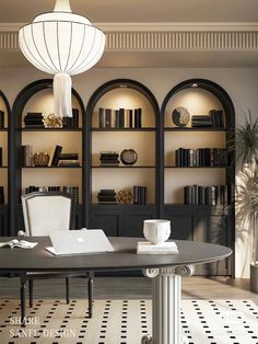 an elegant dining room with black and white tile flooring, built in bookcases