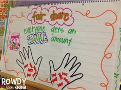 a white board with writing on it that says fair share everyone gets an equal amount