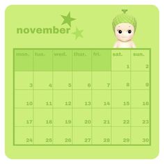 a green calendar with a baby doll on it