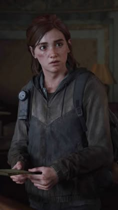 the last of us character looking at something in front of her, while holding a clipboard