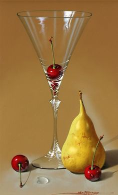 a painting of two glasses and a pear with cherries on a white table cloth