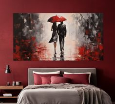 a couple walking under an umbrella in the rain on a red wall above a bed