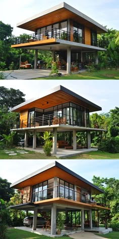 three different views of a modern house in the woods