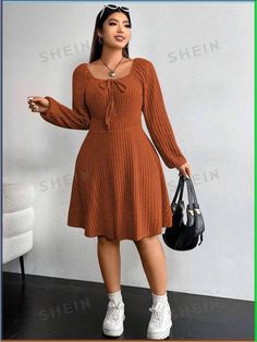 Free Returns ✓ Free Shipping✓. SHEIN EZwear Plus Knot Front Lantern Sleeve Dress- Plus Size Dresses at SHEIN.