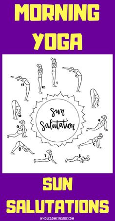 a poster with the words morning yoga and sun saltations in yellow on purple