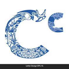 the letter c is decorated with blue flowers and leaves royalty photo - illustration, clipping