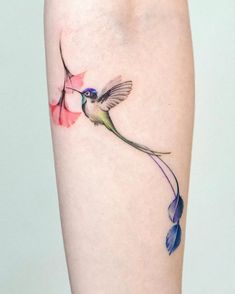 a small hummingbird on the right side of the leg with red and blue flowers