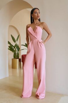 Jumper For Wedding Guest, Pink Jumpsuit Photoshoot, Formal Pants Women Wedding, Pastel Jumpsuit Formal, Pink Jumpsuit Outfit Wedding, Spring Wedding Guest Attire For Women, Pink Bridal Shower Dress For Guest, Pink Formal Jumpsuit, Pink Bridal Shower Outfit For Guest