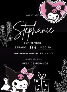 an advertisement for a cat themed event with black and white graphics, including pink bows