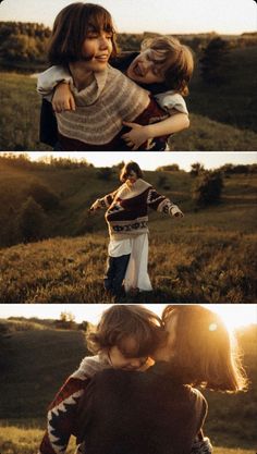 two girls hugging each other in the middle of a field with sun shining on them