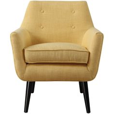 an upholstered yellow chair with black legs and buttons on the armrests