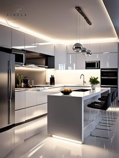 a modern kitchen with stainless steel appliances and white countertops, along with bar stools