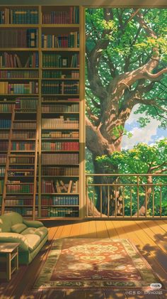 a painting of a room with bookshelves and a couch in front of a tree