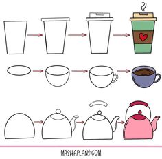 how to draw teapots and cups with different shapes, sizes and colors step by step