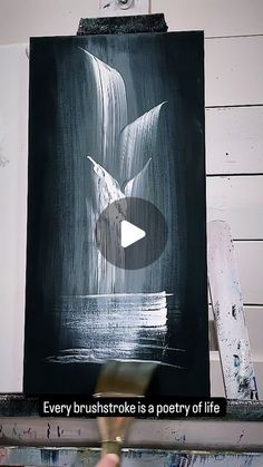 White Paint On Black Canvas, Canvas Painting On Black Canvas, Black White Watercolor Painting, Painting A Waterfall, How To Paint Waterfall, Motivational Art Painting, Canvas Painting Ideas Black And White, Painting In Black Canvas, How To Paint A Waterfall