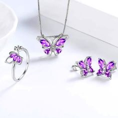 Gorgeous Purple Butterfly Jewelry Set. Includes Earrings, Necklace And Adjustable Ring. Materials : Cubic Zirconia And Alloy. Butterflies Necklace, Butterfly Jewelry Set, Silver Butterflies, Stuff To Buy, Purple Stuff, Rhinestone Jewelry Set, Amethyst Birthstone, Zircon Jewelry, Women's Jewelry Sets