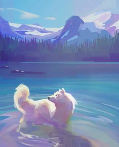 a painting of a dog standing in the water looking out at mountains and trees,