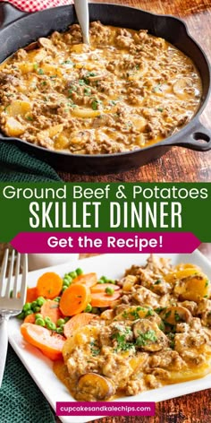 a skillet filled with meat and potatoes on top of a wooden table next to a plate