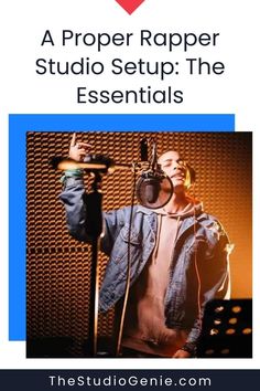 a man holding a microphone in front of a recording booth with the words proper preper studio setup the essentials