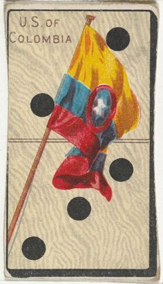 an old match card with a flag on it and some dots in the background,