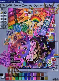 a drawing of a woman's face with lots of different things on it