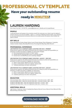 a professional cvt resume template with the words'have your outstanding resume ready in minutes '