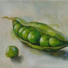 an oil painting of green peas on a white surface with one pea in the foreground