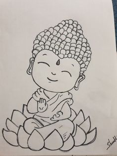 a drawing of a little buddha sitting on top of a lotus flower in black and white