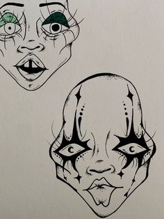 two drawings of clown faces with green eyes