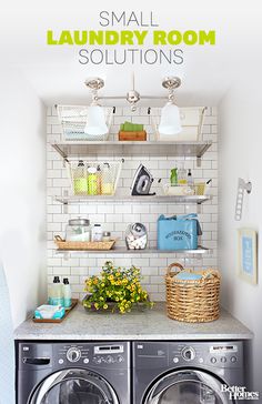 a washer and dryer in a small laundry room