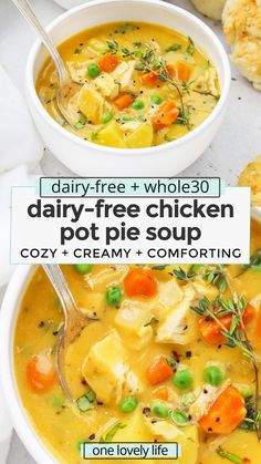 two bowls of dairy - free chicken pot pie soup