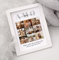 a white framed photo with the words amo on it next to a teddy bear