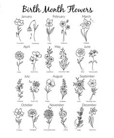 the birth month flowers are shown in black and white, with an outline of each flower