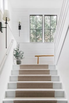 the stairs are lined with carpet and white walls