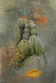 an artistic painting with leaves and flowers in the rain