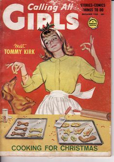 an old magazine cover with a woman cooking for christmas